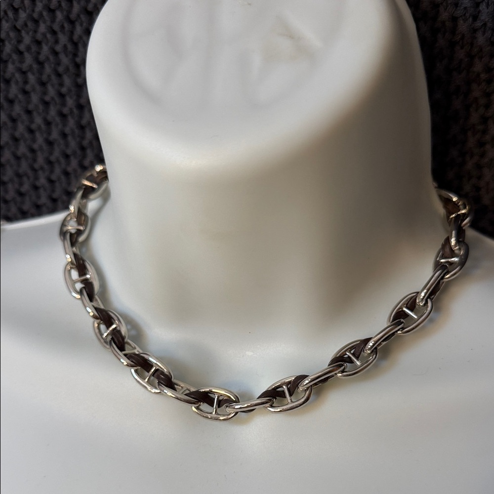 Polo by Ralph Lauren Silver and black leather choker necklace